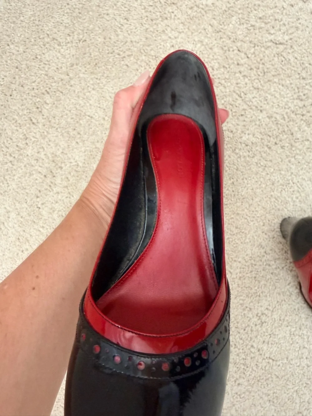 Ann Taylor Women's Two-Tone Black and Red Leather Block Heel Pumps - Picture 4 of 8